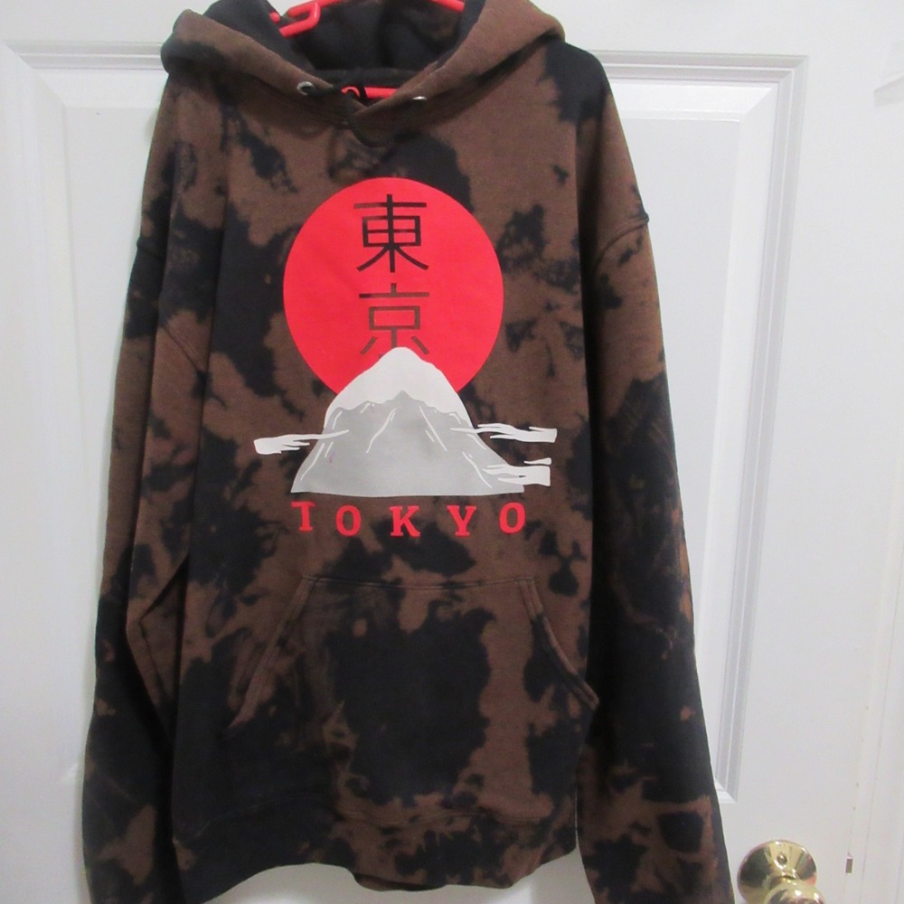 Bowery Supply Co Tokyo pullover Hoodie Small Brown Black Acid Wash Mt Fuji